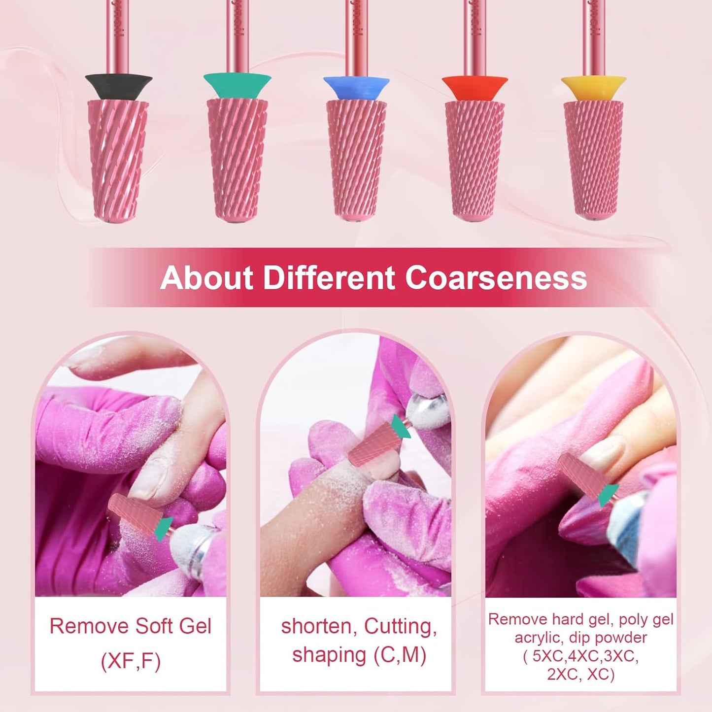 3/32" Large Tapered Smooth Top Bit Tungsten Carbide Nail Drill Bit Safety Bit for Gel & Acrylic Removal, 2- Way Rotating Efile Tip, Salon Electric File Accessory (C Girt, Rose Red)