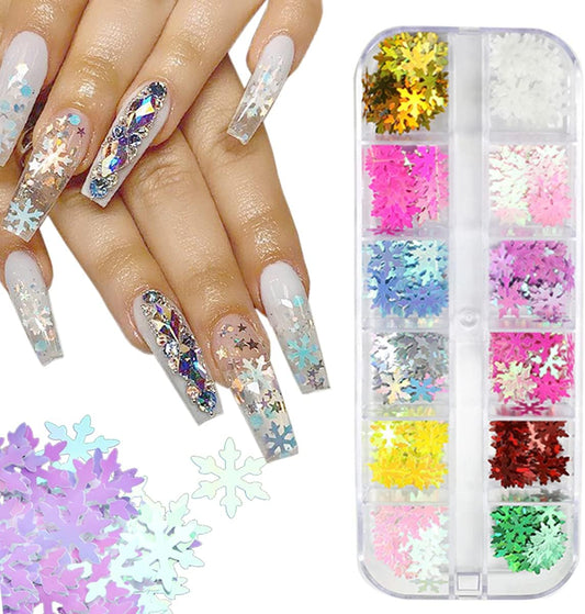 12 Colors Christmas Nail Art Glitters Snowflakes Nail Sequins 3D Nail Art Decals Holographic Laser Nail Flakes Stickers Acrylic Nails Design Glitter Xmas Nail Art Supplies Decorations