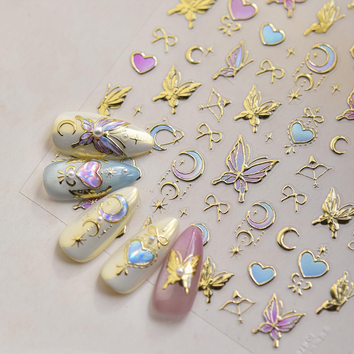 Butterfly Nail Art Stickers Decals 3D Gold Bronzing Nail Stickers Laser Star Moon Luxury Nail Design Self-Adhesive Nail Decals Manicure Sliders for Women Girls DIY Nail Art Decorations Supplies