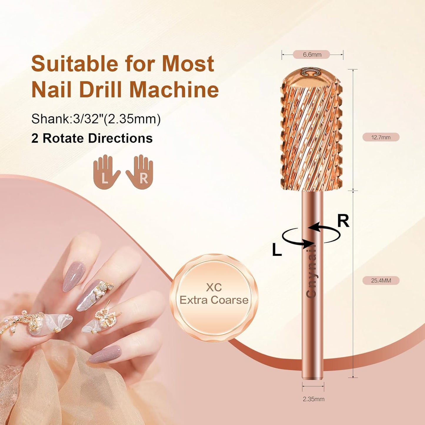 3/32" Large Barrel Smooth Round Top Tungsten Carbide Nail Drill Bit Safety Bit for Gel & Acrylic Removal, 2-Way Rotating Efile Tip, Salon Electric File Accessory (XC Grit, Rose Gold)