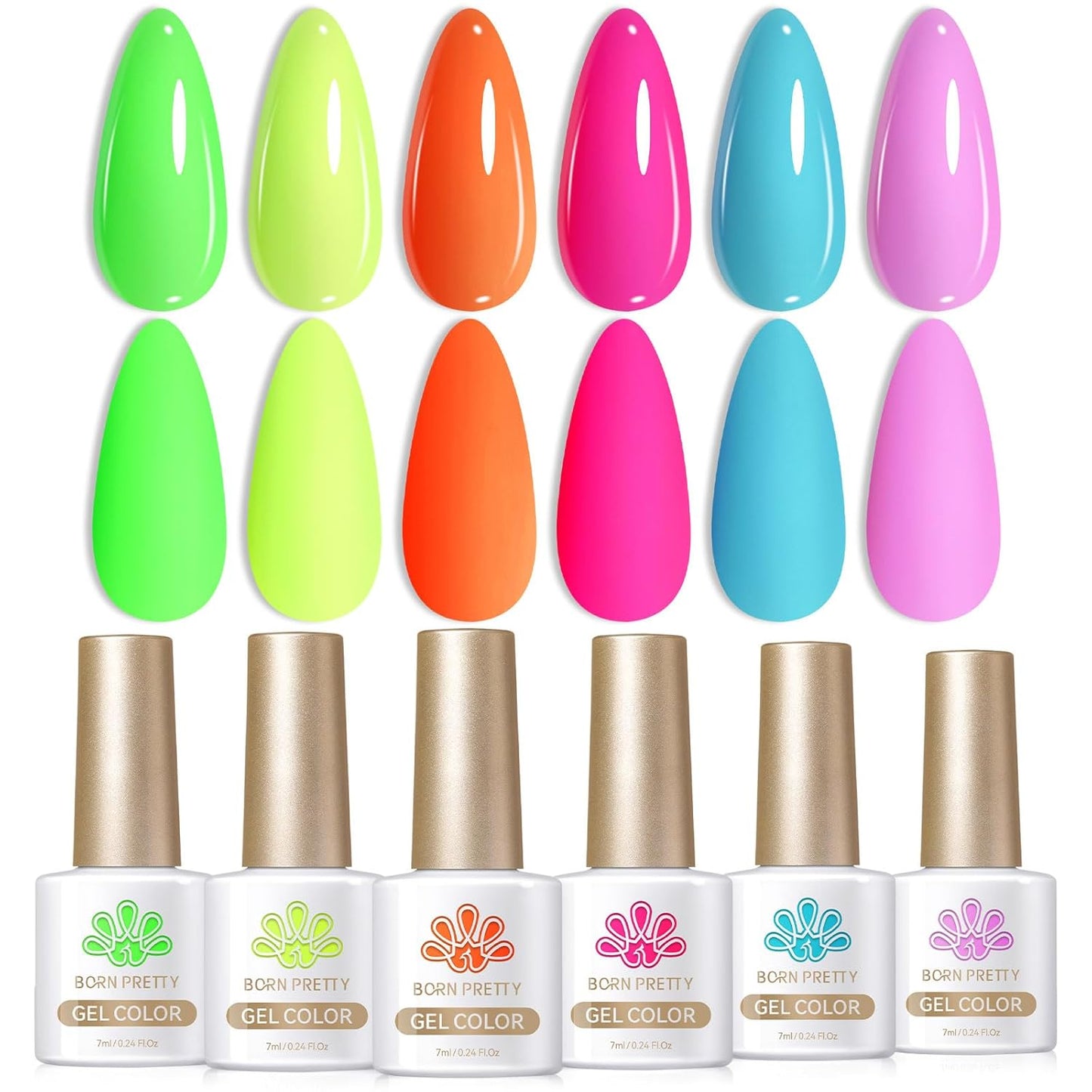 Born Pretty Gel Nail Polish Halloween Neon Fluorescent Orange Hot Pink Blue Yellow Green Purple Soak Off U V LED Gel Nail Polish Set Nails Art 7ml 6pcs