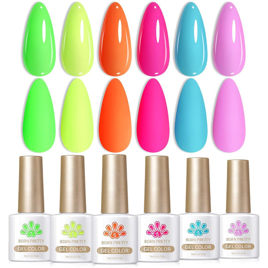 Born Pretty Gel Nail Polish Halloween Neon Fluorescent Orange Hot Pink Blue Yellow Green Purple Soak Off U V LED Gel Nail Polish Set Nails Art 7ml 6pcs