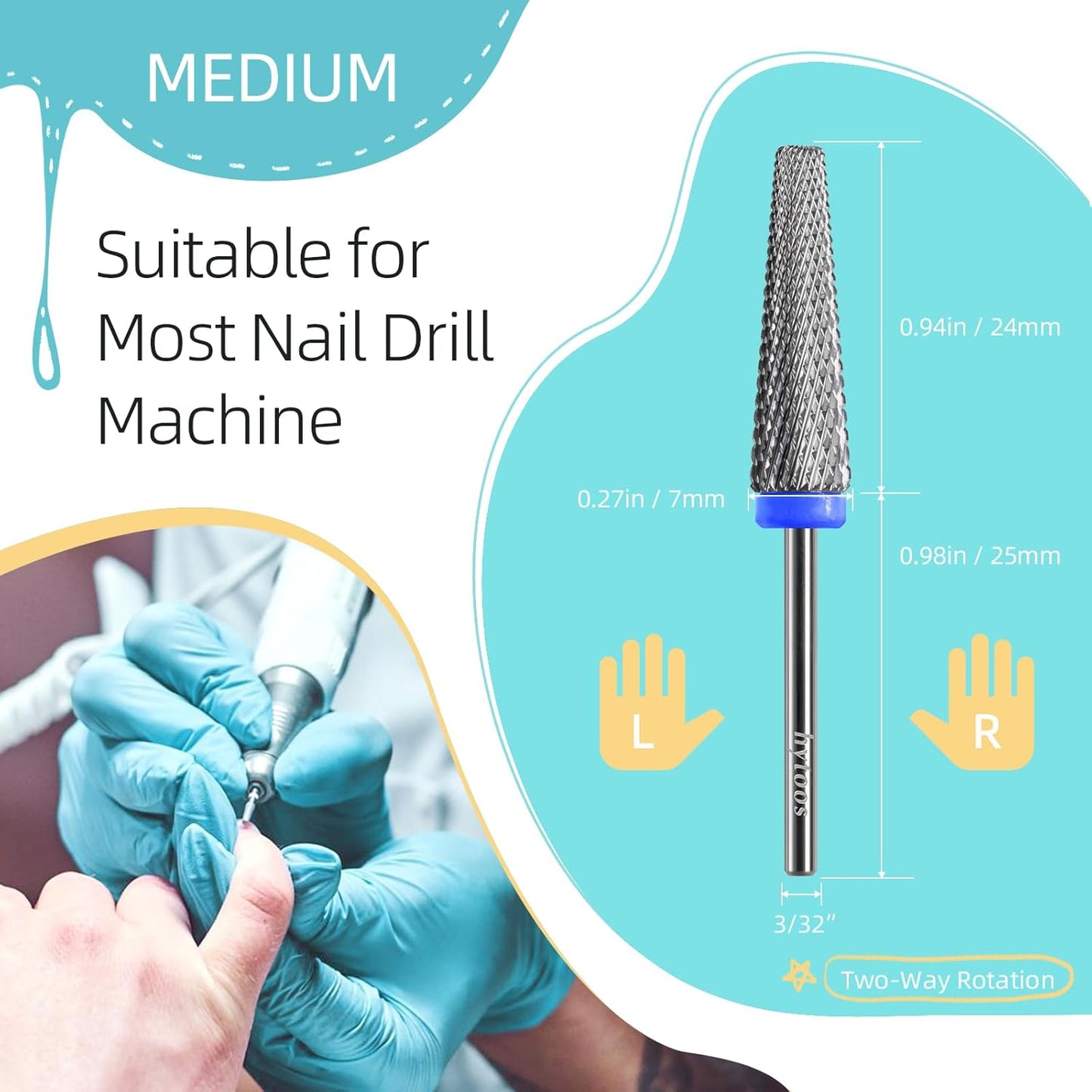 Super Long 5 in 1 Nail Drill Bits, 24mm Carbide Tapered Cone Nail Bit, 3/32" Two-way Rotate Drill Btis for Nails, Electric Drill File Machine, Manicure Removal Cuticle Soft Gel,M
