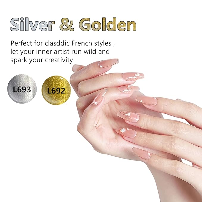 2pcs Metallic Gel Liner Nail Art Silver Bronze Gold Set, Nail Polish 10ml Build in Thin Brush Shine Soak Off UV/LED Manicure Gold and Silver Gel Liner Nail Art