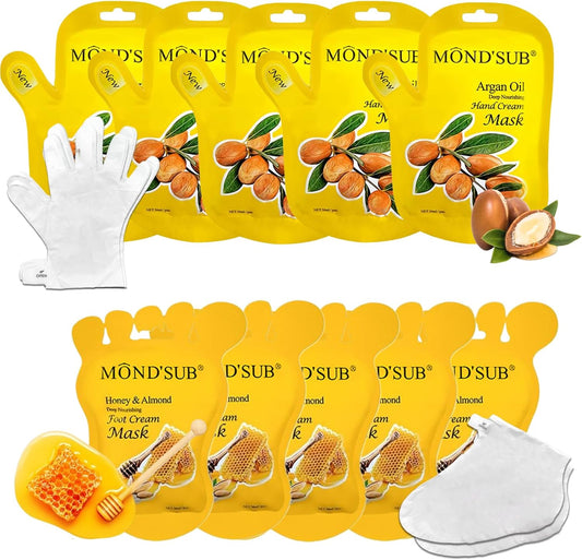 Elitzia Hand Foot Mask Hydrating 5 Packs Argan Oil Gloves 5 Packs Honey Almond Socks Masks Nourishing Moisturizing Repairing Spa Multipack Masks Women Dry Cracked Skin Care ETAHM