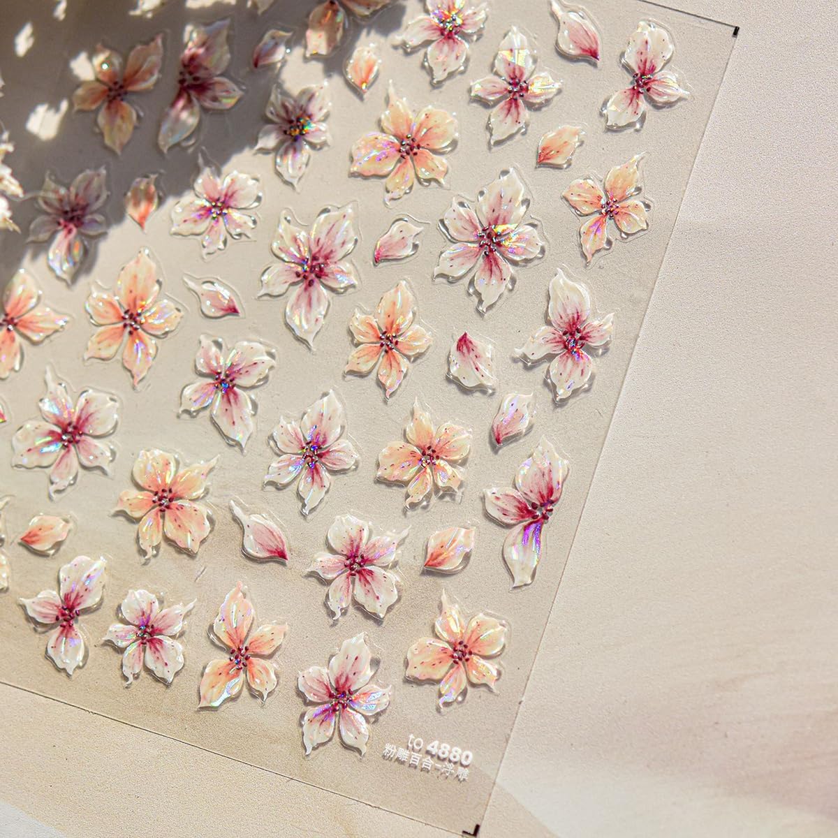 Flower Nail Stickers for Acrylic Self Adhesive 5D Embossed Flowers Nail Art Stickers Aurora Shell Pink Floral Sticker Flower Nails Decals Spring Summer Nail Supplies for Women Nail Decorations