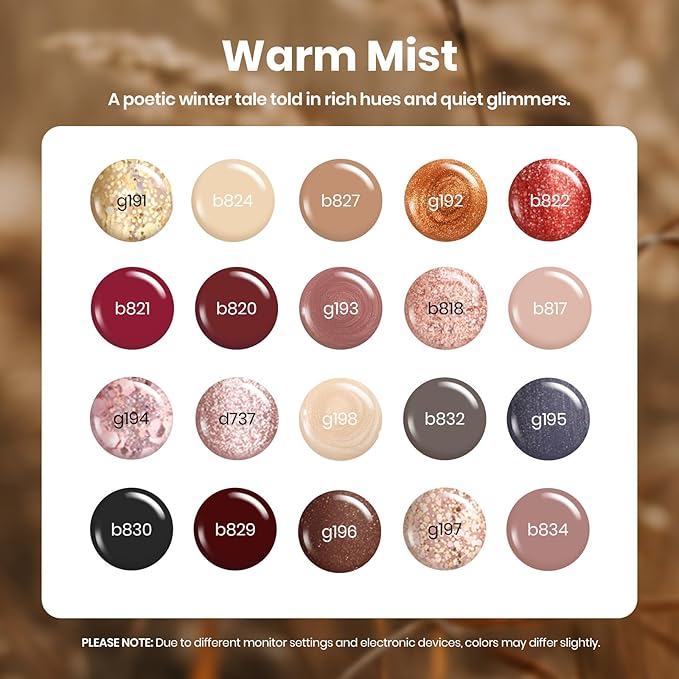 Beetles Gel Nail Polish Set - 20 Colors Warm Mist Fall Gel Nail Kit Burgundy Brown Nude Gold Glitter Gray Shimmer Soak Off Long Lasting Base&Top Coat Uv Led Home DIY Salon Nail Art Gift Set for Women