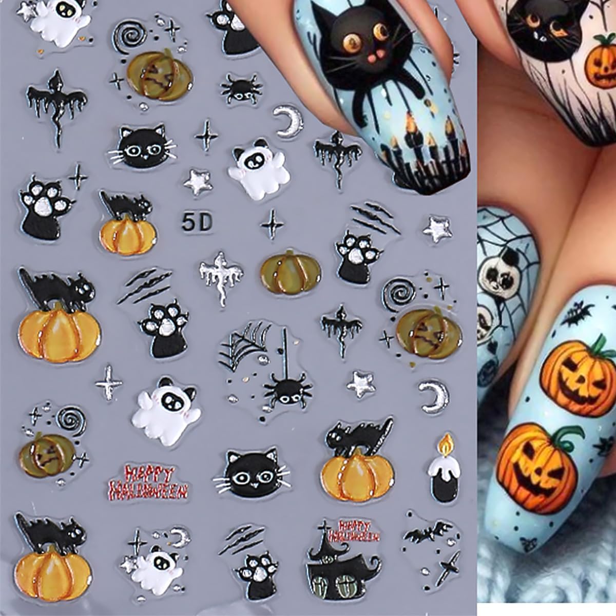 3 Sheets 5D Embossed Halloween Cat Nail Stickers for Nail Art Self Adhesive Cat Cute Ghost Nail Decals Spooky Spider Web Pumpkin Bandage Nail Designs Stickers Holiday Nails Supply for Women Manicure