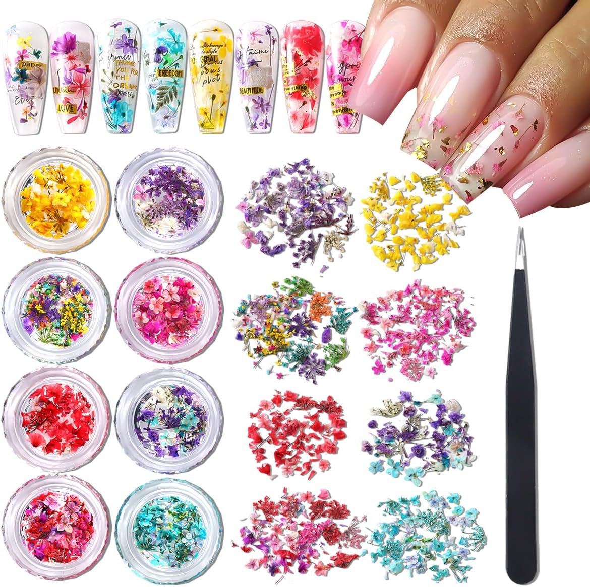 8 Boxs Dried Gypsophila Flowers Nail Art Decoration Mixed Mini Hydrangea Floral Petals Charms Plant Jewelry Accessories for DIY Crafting Nail Design Supplies (Multi-Color)