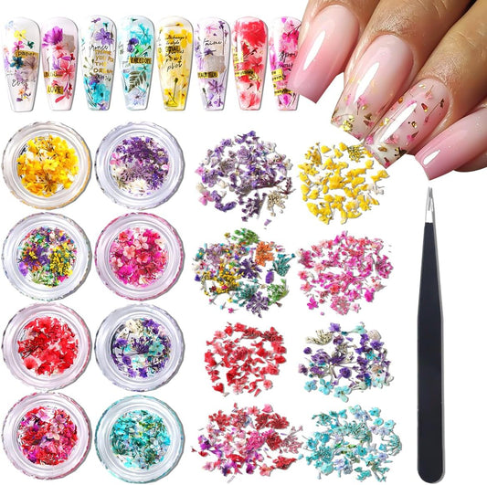 8 Boxs Dried Gypsophila Flowers Nail Art Decoration Mixed Mini Hydrangea Floral Petals Charms Plant Jewelry Accessories for DIY Crafting Nail Design Supplies (Multi-Color)