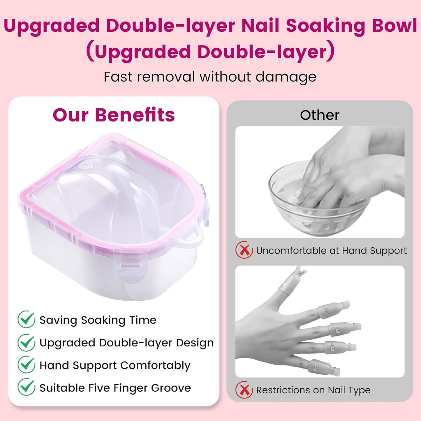 Quaferen Nail Soaking Bowl Acetone Proof: Soak off Gel Polish Dip Powder Remover Manicure Bowl with Triangle Cuticle Peeler and Cuticle Pusher for Women Nail Beginners Home Salon(Single Pink)