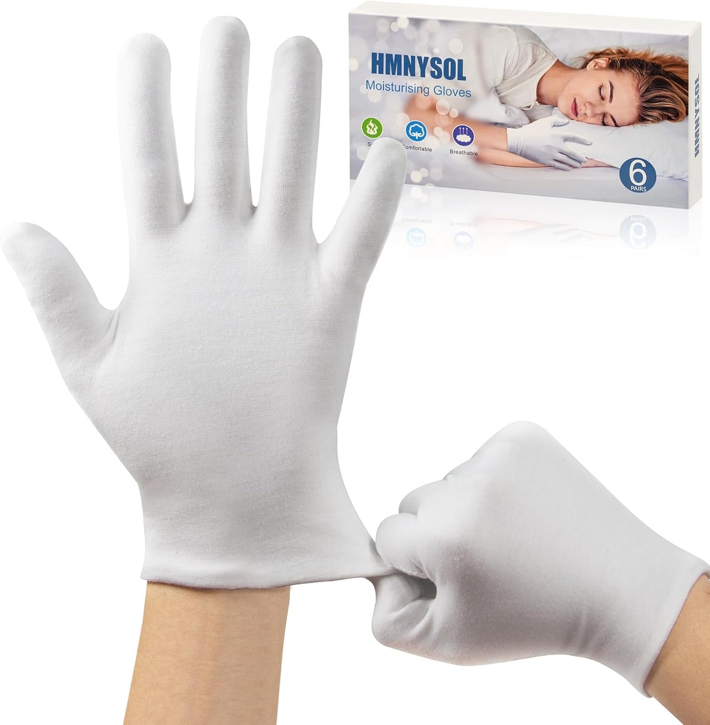 White Gloves, 6 Pairs(12 Pcs) Thinck Cotton Gloves for Dry Hands Sleeping, Moisturizing Gloves Spa Eczema Overnight, Work Gloves for Coin Jewelry Service