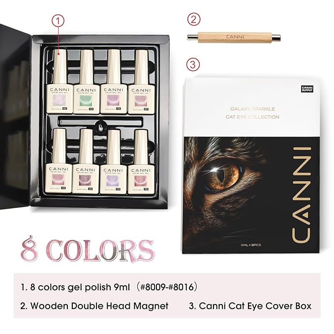 CANNI 8 Pcs 9 ML Cat Eye Gel Nail Polish Set, Pink Green Purple Silver Glitter Rainbow Holographic Cat Eye Gel Polish Kit with Magnet Shimmer Colors Nail Art Manicure Salon DIY Gifts