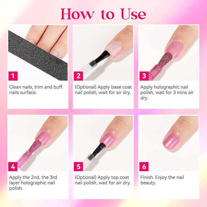 MIZHSE Holographic Nail Polish, Pink Glitter Nail Polish Air Dry Fast, 15 ml High Glossy Shimmer Nail Pigment Oil-based Laser Iridescent Nail Lacquer Chrome Halo Nail Art Salon Manicure Home
