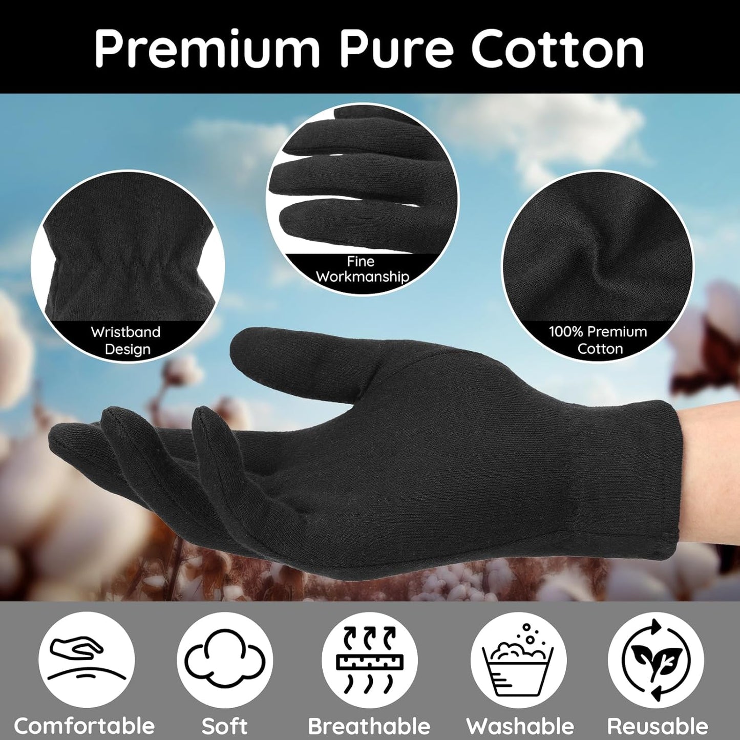 Segbeauty 24 Counts Elastic Lotion Cotton Gloves Black for Dry Hands Overnight, 12 Pairs Hand Moisturizing Gloves Overnight with Elastic Band, Hand Care Reusable Moisture Cotton Glove for Men & Women