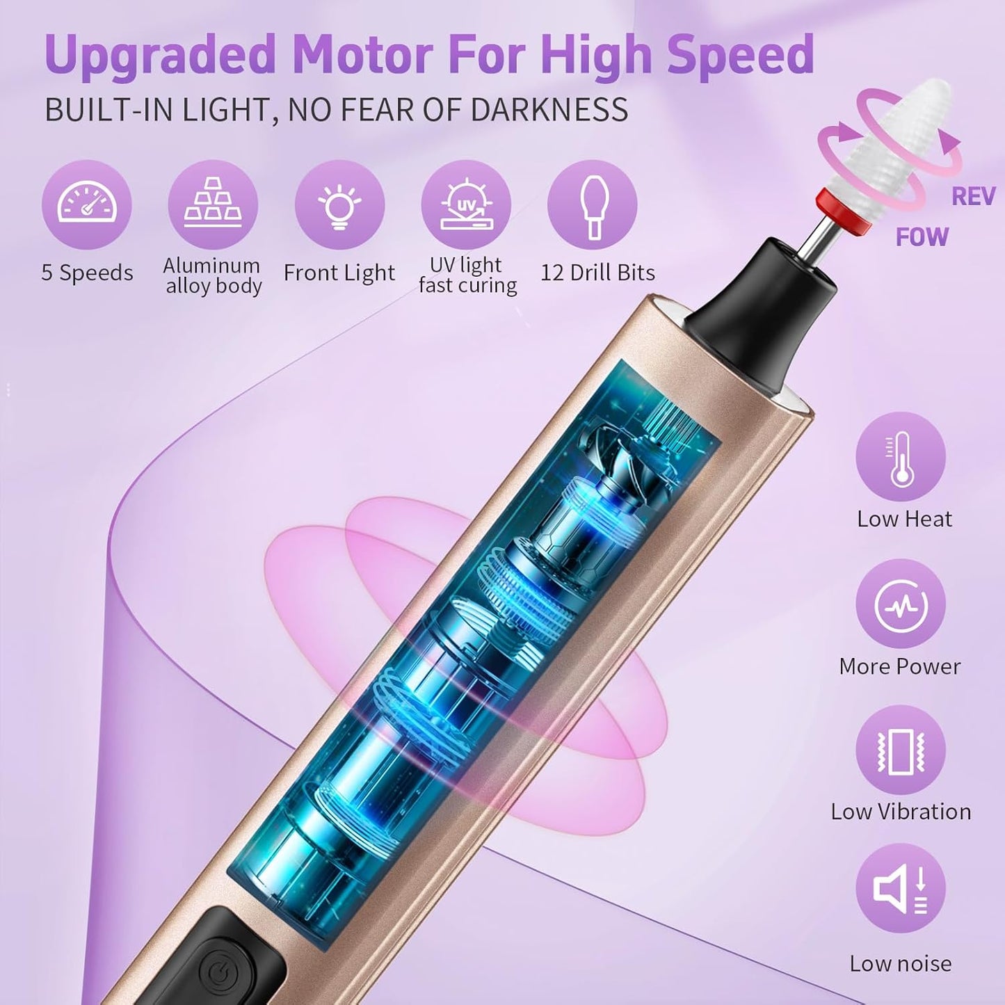 Cordless Nail Drill Electric Nail File with UV Lamp:Professional for Acrylic Gel Dip Powder Nails Portable Nail Kit Machine Tools for Women Girl Manicure Pedicure Set Rechargeable Lightweight