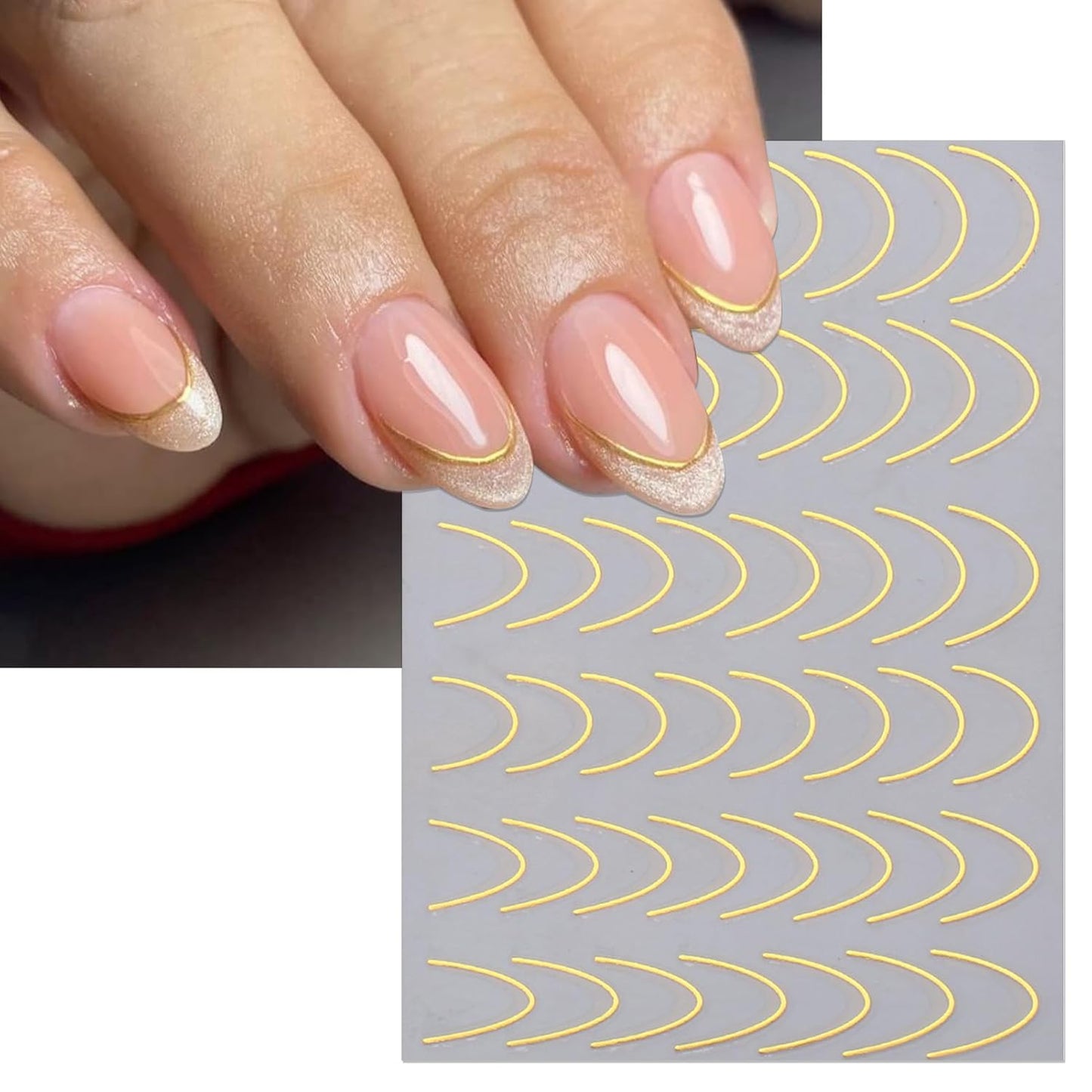 Rhinestone Studded French Line Nail Art Stickers - Shiny Gold Self-Adhesive Multiple Thicknesses and Radians Stripes, Curved Stripes Nail Decals, French Tips Guides for DIY Manicure (5 Sheets)