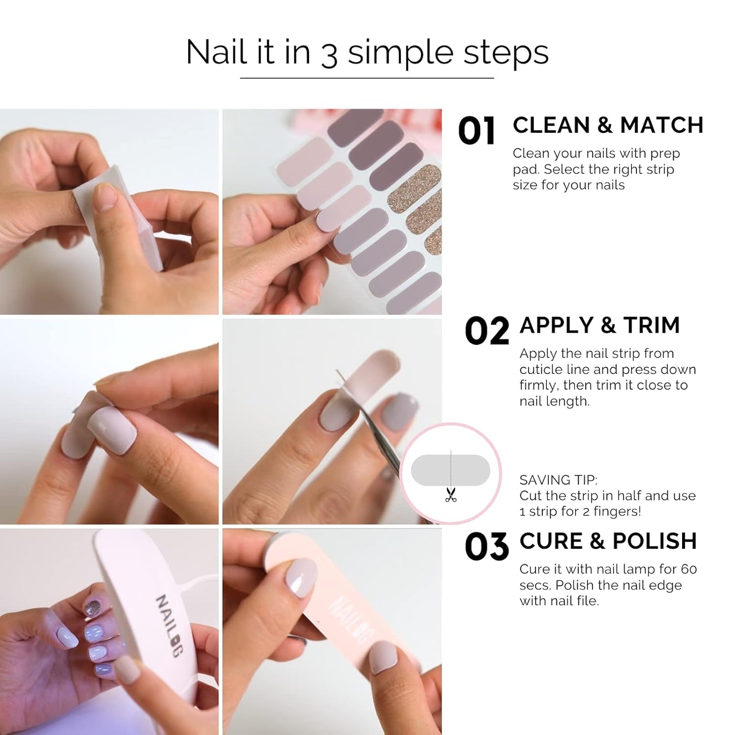 NAILOG Semi Cured Gel Nail Strips (20 Extra Long Stickers/Wraps) | Buy 2 Get 1 UV Lamp| Glossy & Long Lasting Soft Gel Finishing, Long Night