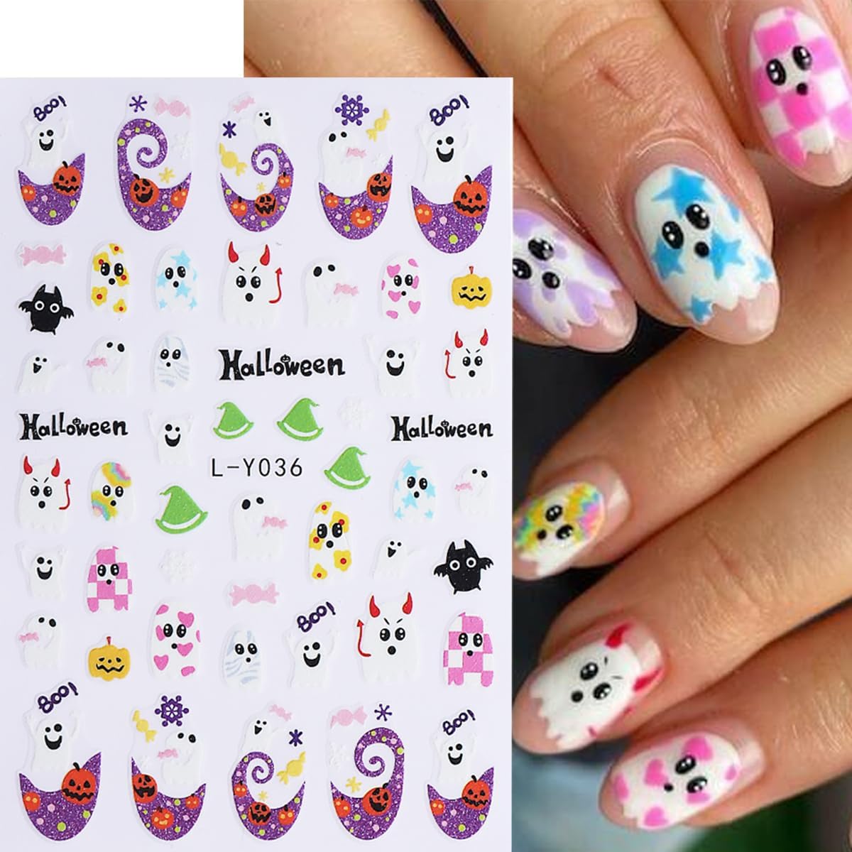 Halloween Luminous Nail Art Stickers Glow in The Dark Nail Stickers 5PCS Skulls Ghosts Pumpkin Design Nail Decals Nail Art Supplies Spider Web Bat Flower Halloween Stickers for Women Nail Decorations
