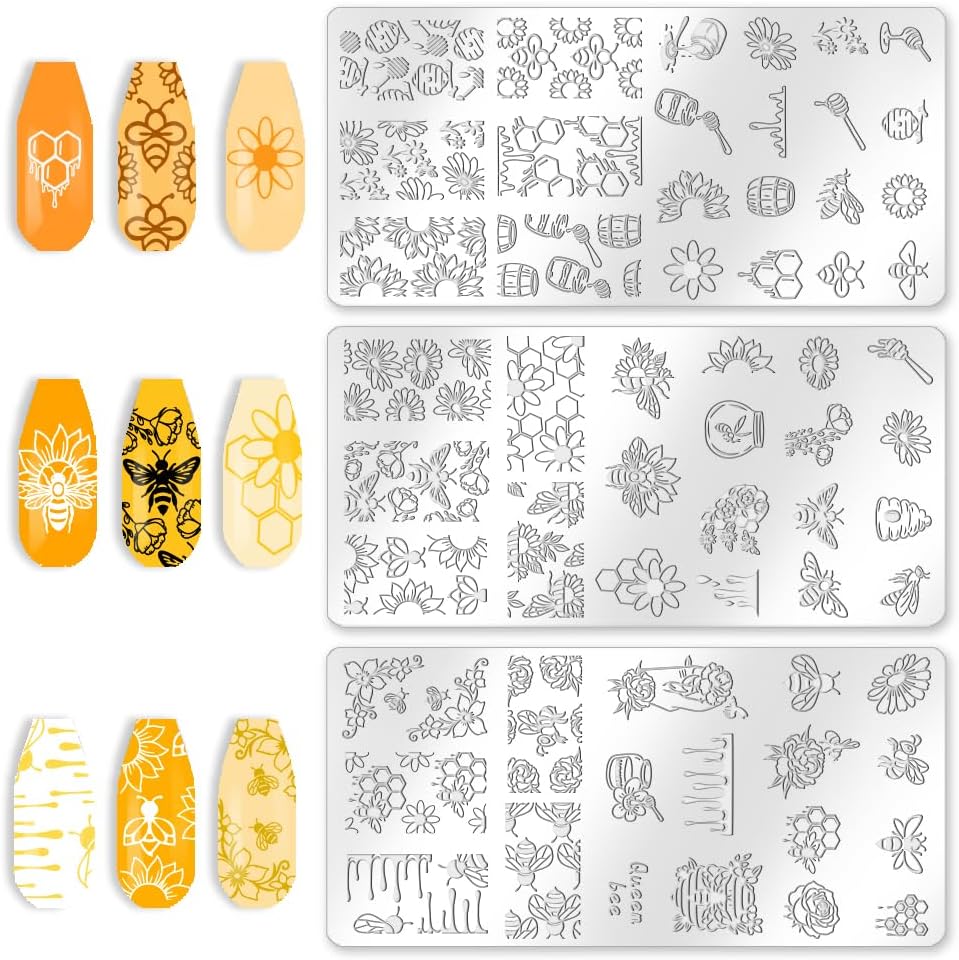3Pcs Bee Nail Stamping Plate Flowers Honeycomb Nail Art Stamp Templates Stainless Steel Reusable Tools with Stamper Scraper for Manicure Printing
