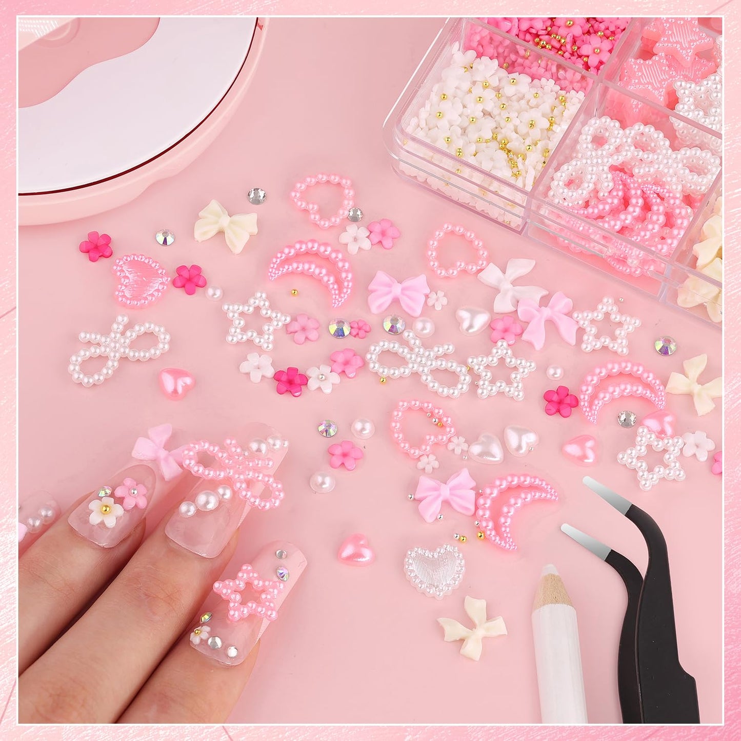 Chunky Nail Charms and Gems Set 3, Girly Coquette Nail Charms + Assorted Pearl Bows Heart Star Moon + Cute 3D Flowers for Nails + Flatback Rhinestones & Pearls with Tools for Kawaii Nail Design