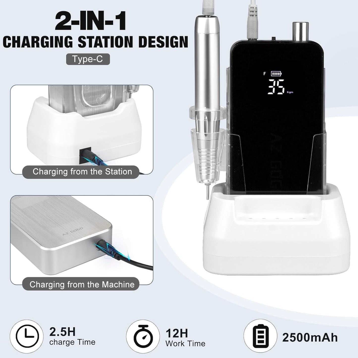 AZ GOGO Nail Drill Machine, 35000RPM Rechargeable Professional Portable Nail Drills for Acrylic Gel Nails - Low Noise & Low Vibration Coreless Motor E-File (Black)