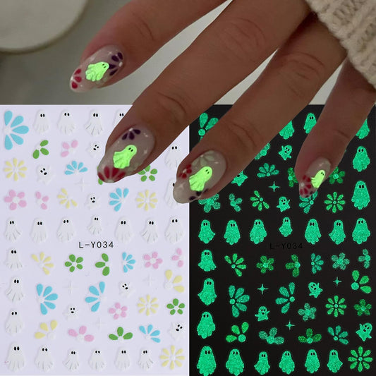 Halloween Luminous Nail Art Stickers Glow in The Dark Nail Stickers 5PCS Skulls Ghosts Pumpkin Design Nail Decals Nail Art Supplies Spider Web Bat Flower Halloween Stickers for Women Nail Decorations