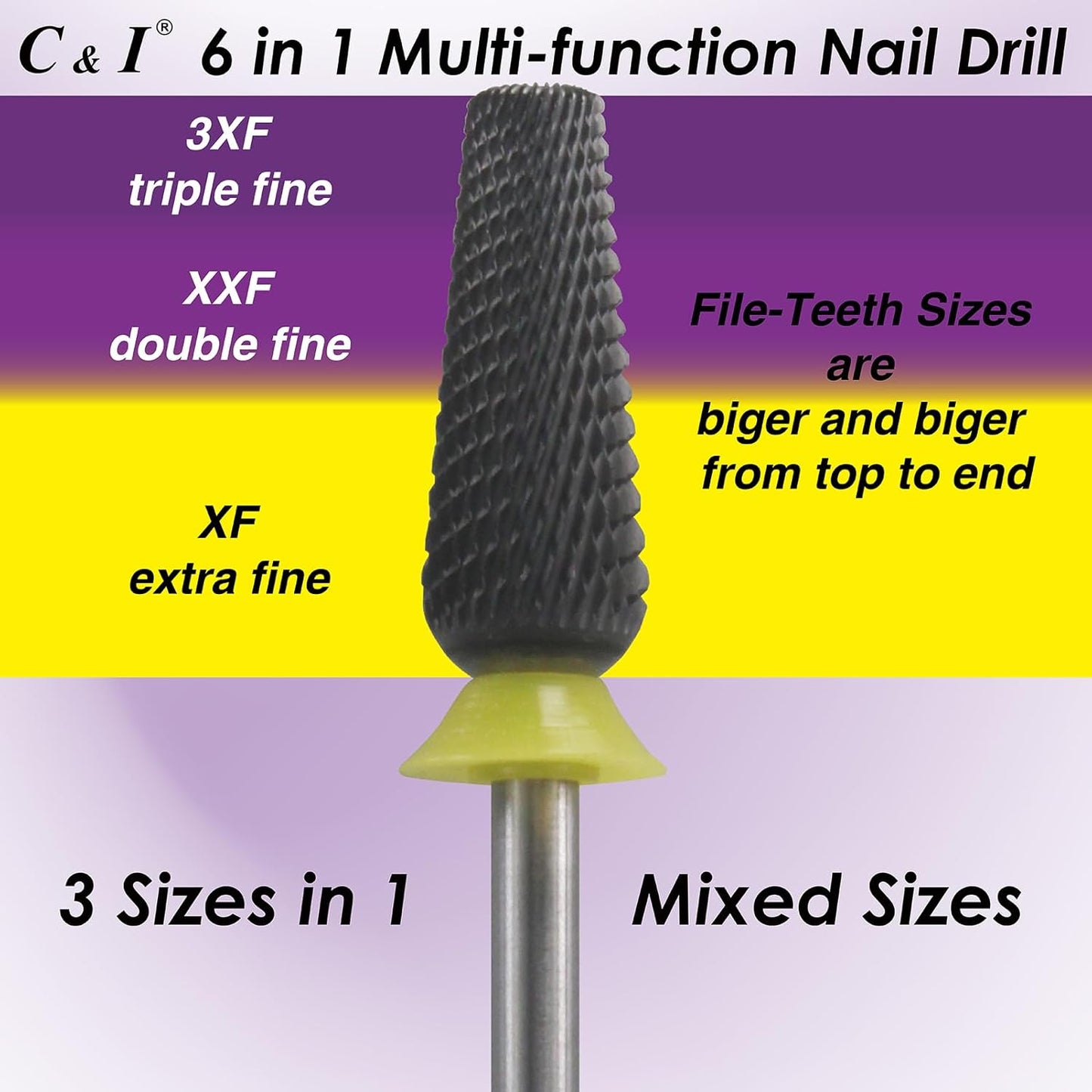 C & I Nail Drill Bit 6 in 1 Multi-function Rounded End E-file, Diamond Coat, CNC Overall Cut Nail Tools for Nail Techs Quick Remove Acrylic Nail Gels & Nail Art (Special Coat, Extra Fine -XF)