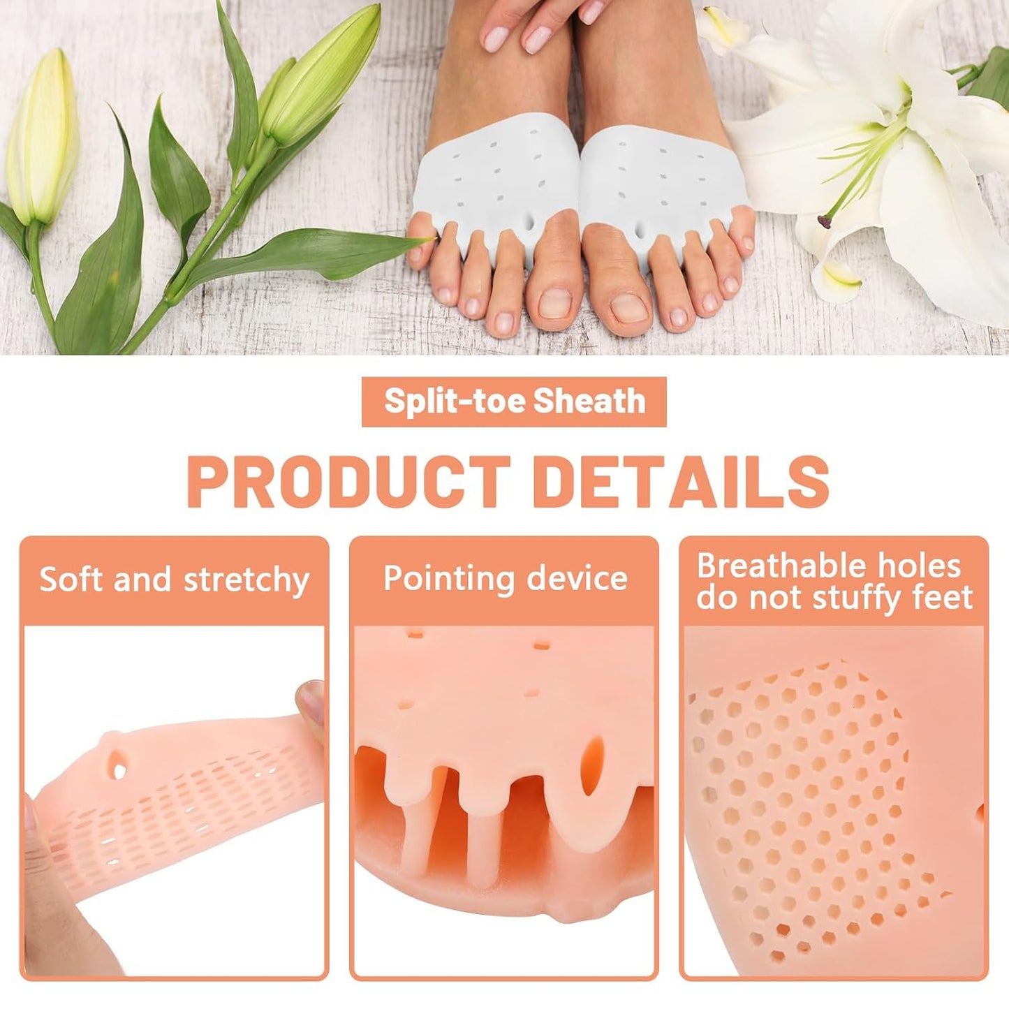 8 Pairs Silicone Toe Separators for Women Pedicure, Breathable Toe Spacers Cushions, Bunion Corrector for Women Metatarsal Overlapping Pads Relieve Foot Gel (White & Skin Color)
