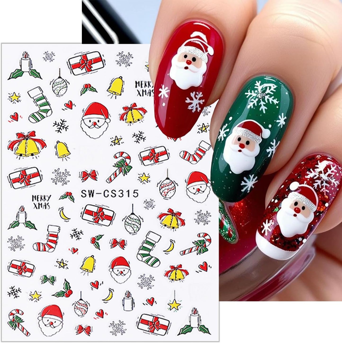 6 Sheets Christmas Nail Stickers for Nail Art Cute Xmas Candy Gingerbread Men Santa Claus Nail Decals 3D Self-Adhesive Bell Christmas Tree Nail Design Winter Snowflake Nail Art Stickers for Women