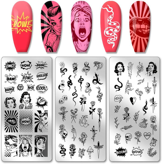 PH PandaHall 3pcs Comic Text Nail Stamping Plates, Retro Avatar Snake Rose Skull Nail Stamper Nail Art Stencils Print Nail Stencils Stainless Steel Nail Image Plate for Nail Art Design Manicure Salon