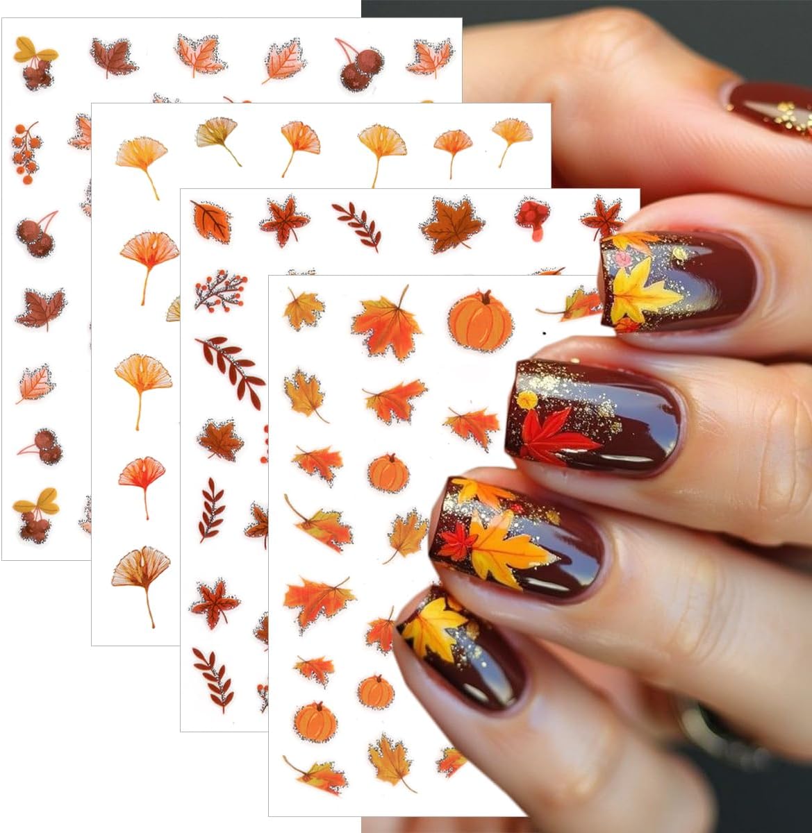 8 Sheets Fall Nail Stickers for Nail Art, 3D Self-Adhesive Bronzing Thanksgiving Nail Decals Pumpkin Maple Leaf Ginkgo Leaves Designs Nails Decorations Autumn Nail Art Supplies for Women