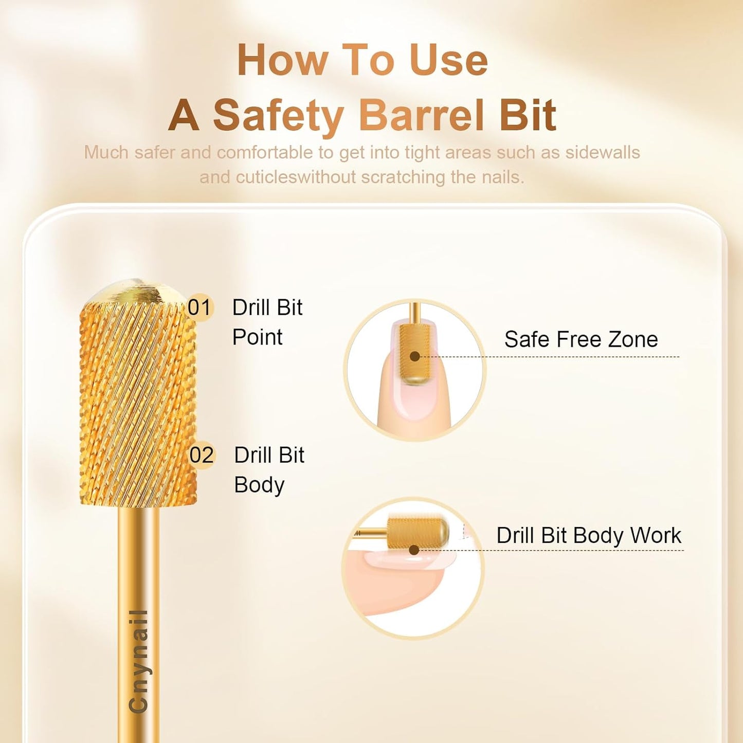 3/32" Large Barrel Smooth Round Top Tungsten Carbide Nail Drill Bit Safety Bit for Gel & Acrylic Removal, 2-Way Rotating Efile Tip, Salon Electric File Accessory (F Grit, Gold)