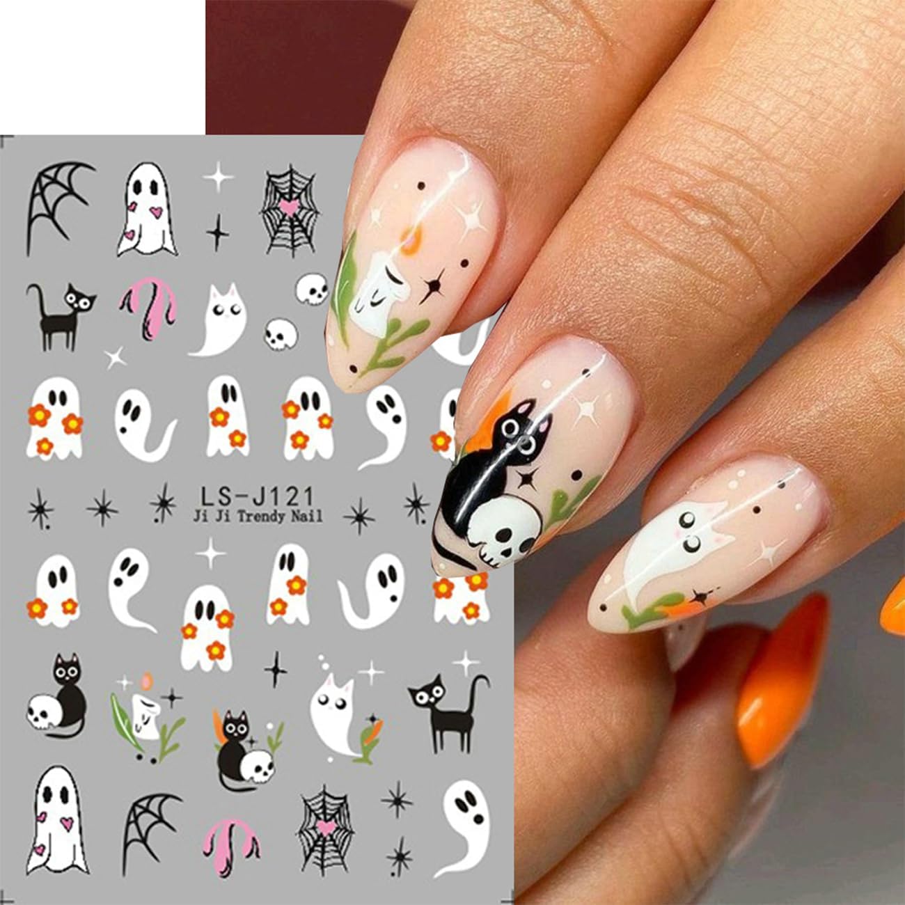 Halloween Nail Decals Self-Adhesive 3D Skull Bat Ghost Spider Design Cute Girls Nail Art Decoration 6PCS