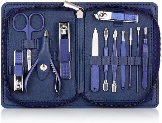 Multifunction Nail Clipper Set Pedicure Cutter Nail File Scissors Kit with Travel Case Stainless Steel Blue Manicure Set Tools (Color : 12pcs-Blue)