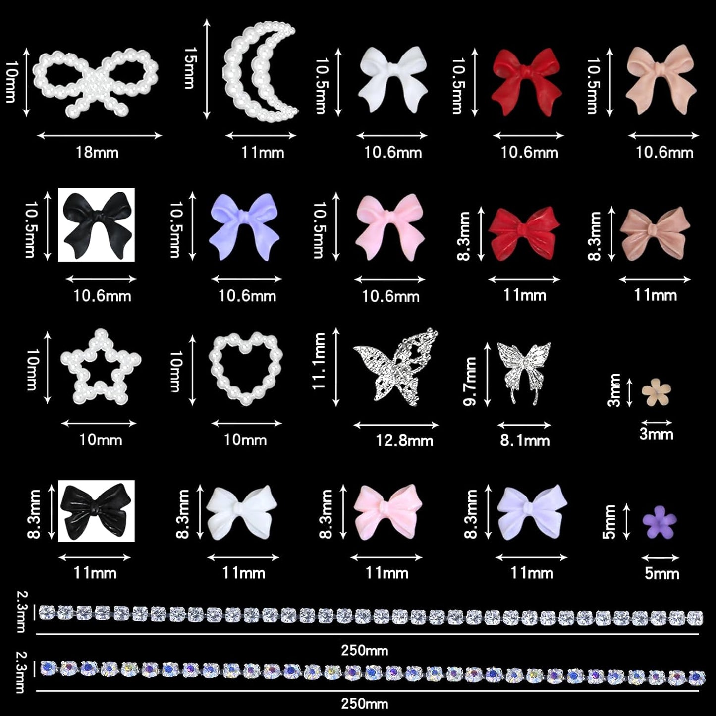 HNUIX Bow Nail Charms - 3D Multiple Colors, Butterfly, Flower, Pearls, Flat Back Rhinestones, with Kit, for Nail Art