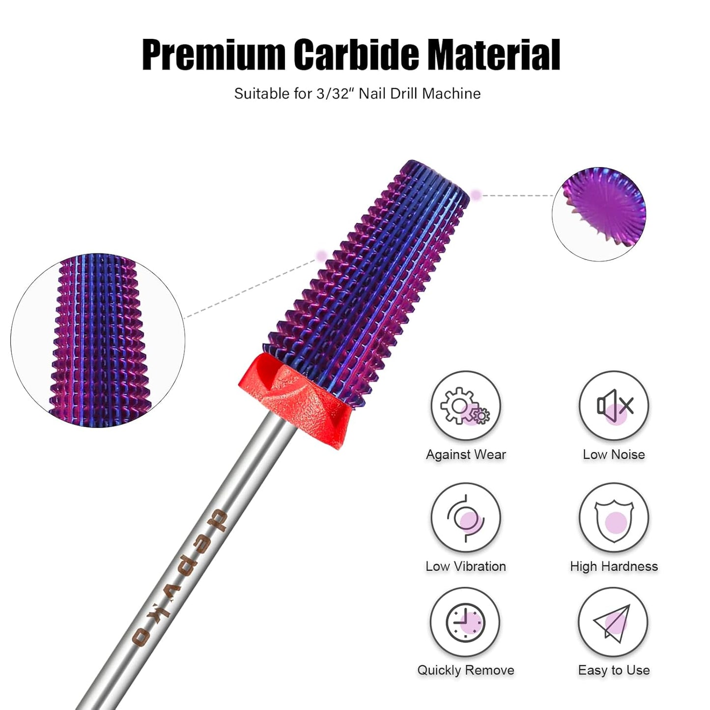 Depvko Super Long 5 in 1 Nail Drill Bits, 3/32'' Carbide Tungsten Bits, Two Way Rotate Professional Advanced Safety Bits for Nail, Fast Remove for Manicure Pedicure (Classic 5in1-Purple, Fine-F)