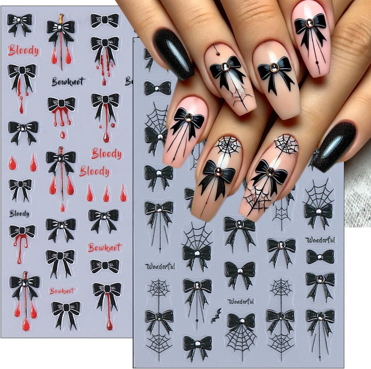 4 Sheets Halloween Nail Art Stickers Black Bow Spider Web Y2K Nail Decals 3D Self-Adhesive Bloody Drop Bowknot Nails Stickers Gothic Halloween Nails Decorations for Women Holiday DIY Manicure Supplies