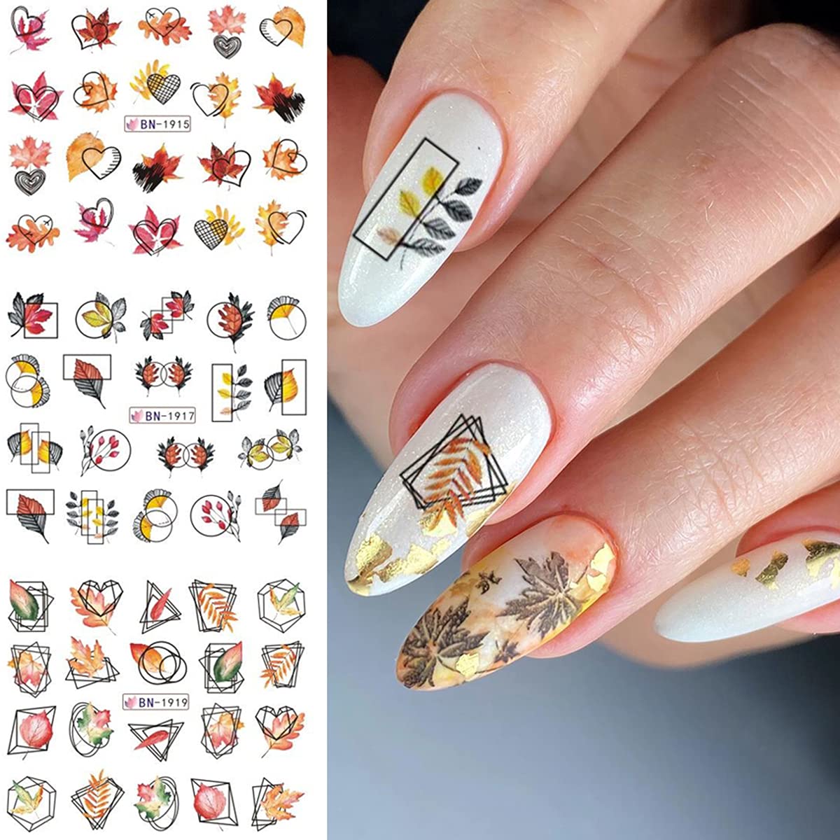 Fall Nail Art Stickers Autumn Leaves Nail Water Transfer Decals Thanksgiving Nail Art Accessories Foils Sliders Nail Water Decals Maple Leaf Pumpkin Turkey Designs for Women DIY Manicure (12 Pcs)