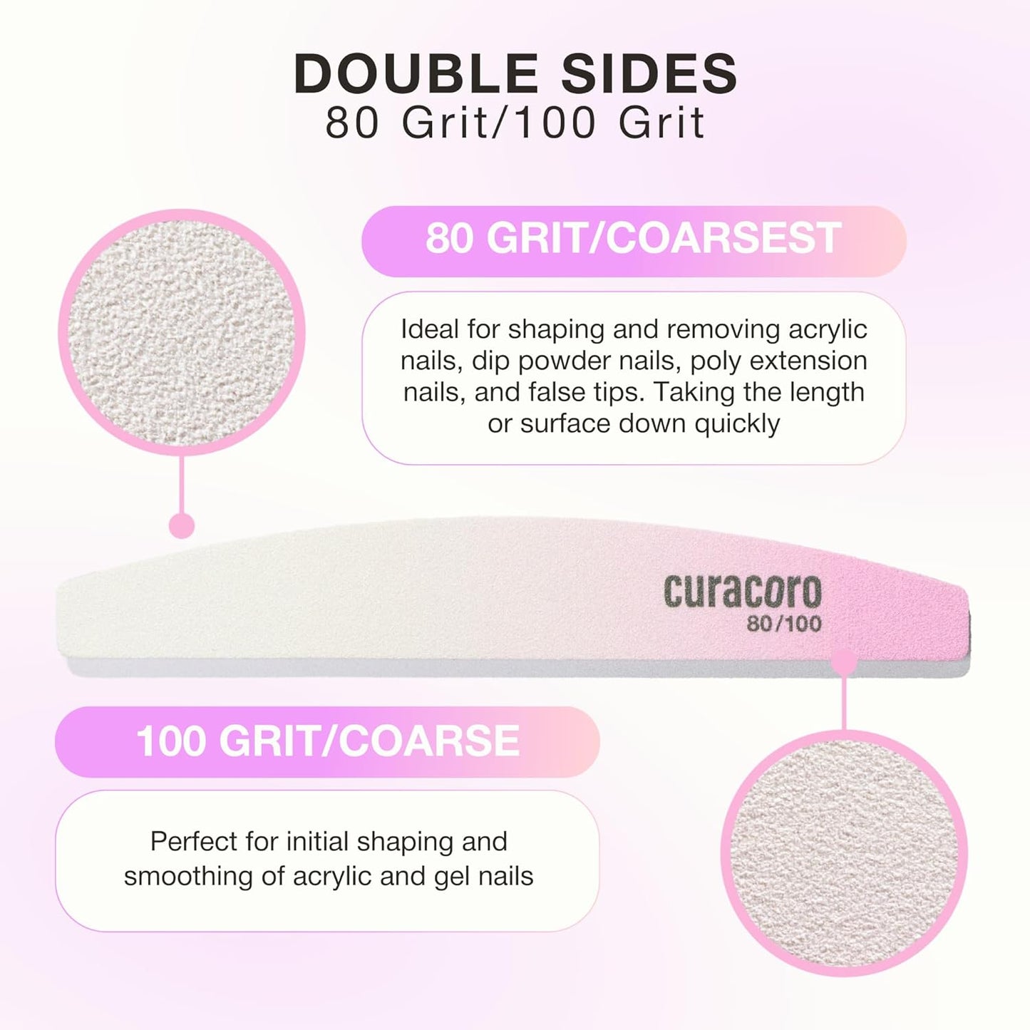Curacoro 10 PCS Nail File - Professional Half-Moon Nail Files Double Sided Emery Board (80/100 Grit), Washable Nail Files and Buffers, Smooths & Shapes Nails, Manicure & Pedicure Buffing Tools
