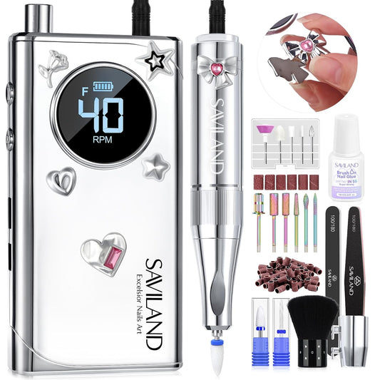 SAVILAND Electric Nail Drill Professional: 2024 Pro Future Tech 40000RPM Nail Drill Kit E File for Acrylic Nails Gel Polish Rechargeable 6000mAh Portable Nail Filer Drill Bits Salon
