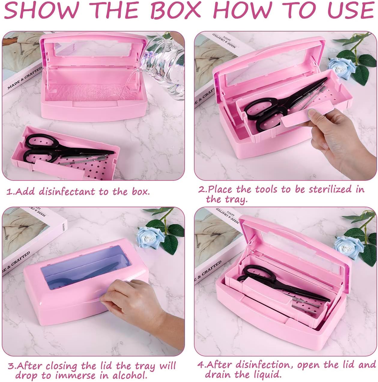 Gusnilo Sanitizing Tray - Disinfectant Container Nail Tool Sterilizer Box Plastic Sanitizing Box for Nail Tools, Hair Salon,Spa (Clear Lid, Pink)