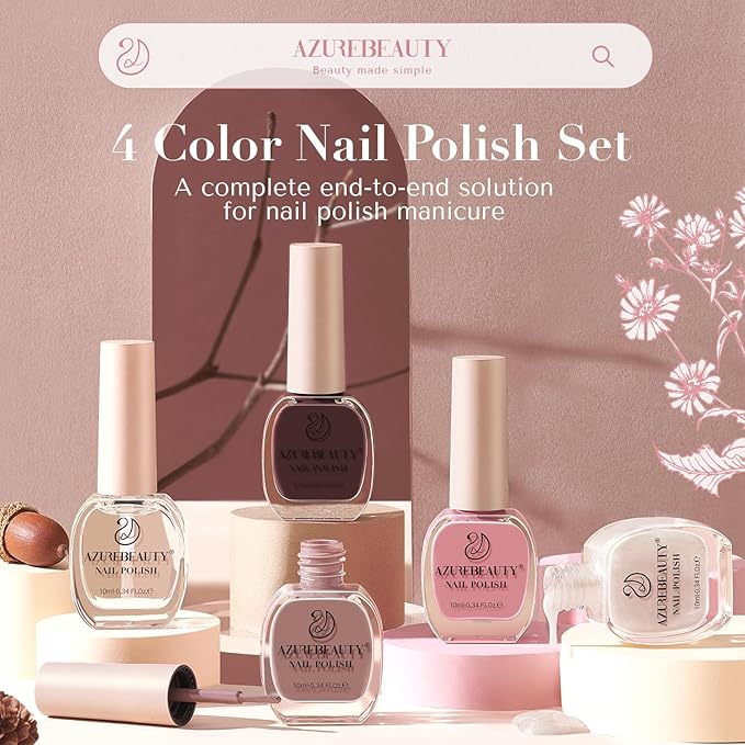 AZUREBEAUTY Nail Polish Set 4 Colors Pink Nude Glitter Nail Polish Quick Dry Natural Nail Lacquer Fingernail Kit with Top Coat DIY Salon Home