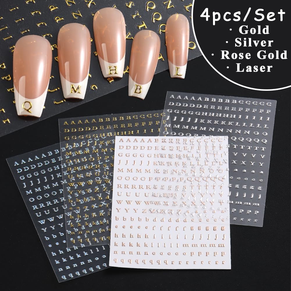 Letters Nail Art Stickers English Alphabet Nail Decals, 4 Sheets 3D Self-Adhesive Metallic Gold Silver Laser Rose Gold Alphabet Design Nail Art Supplies Manicure Decoration for Women Girls