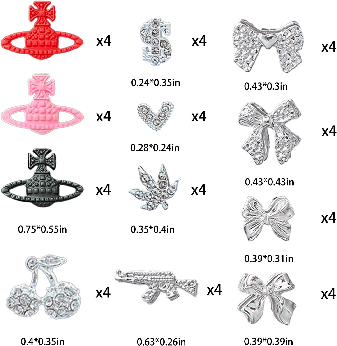 170PCS Nail Charms for Acrylic Nails,Silver Nail Jewels Cat Bow Planet Gun Maple Leaves Cherries Dollar Sign Hearts Star Candy Nail Accessories for Nail Art Supplies Manicure Craft DIY