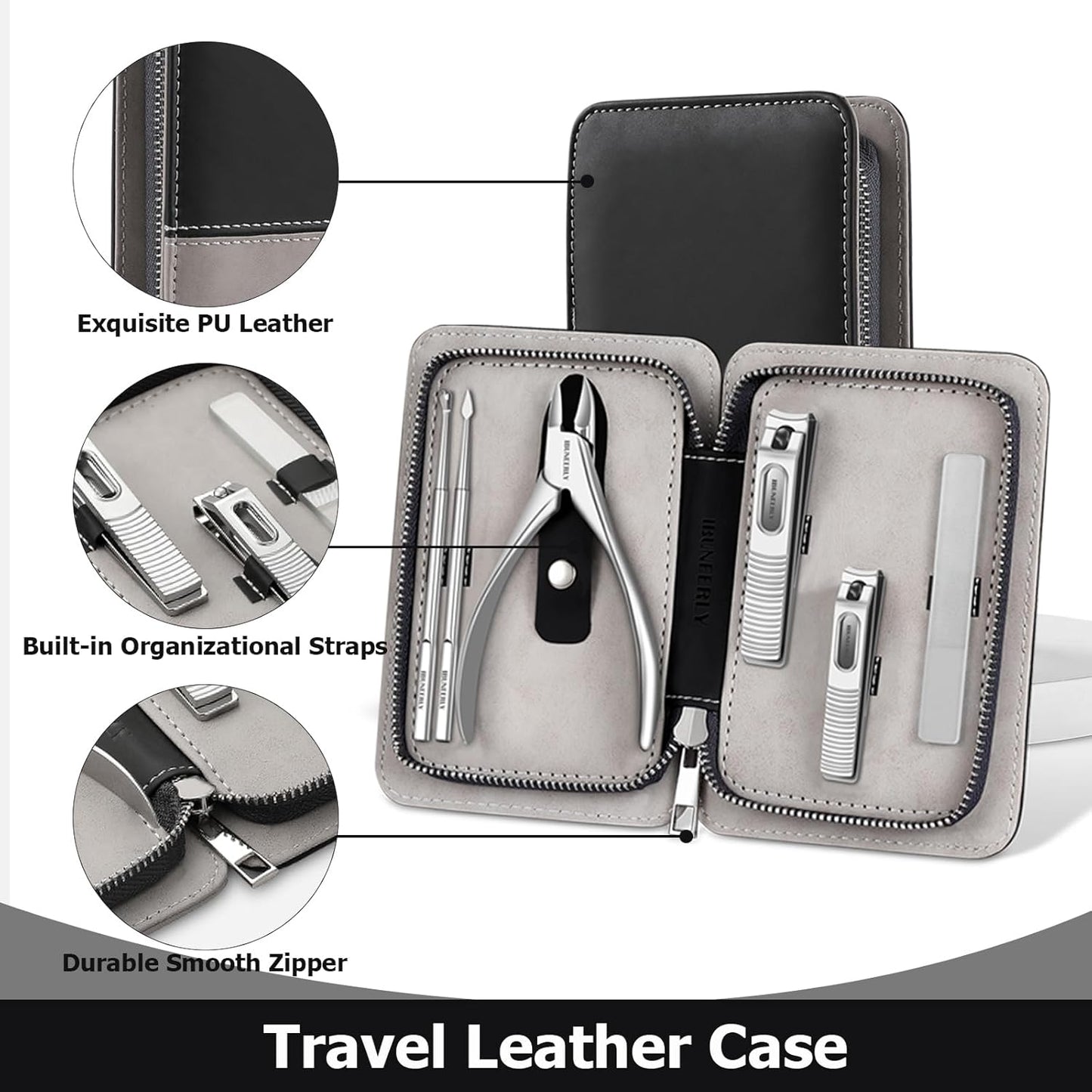 Manicure Set, Nail Cutters Set with Travel Leather Case, Professional Manicure Tools for Thick Nail & Ingrown Nail, Nail Cutters for Men and Women, Silver