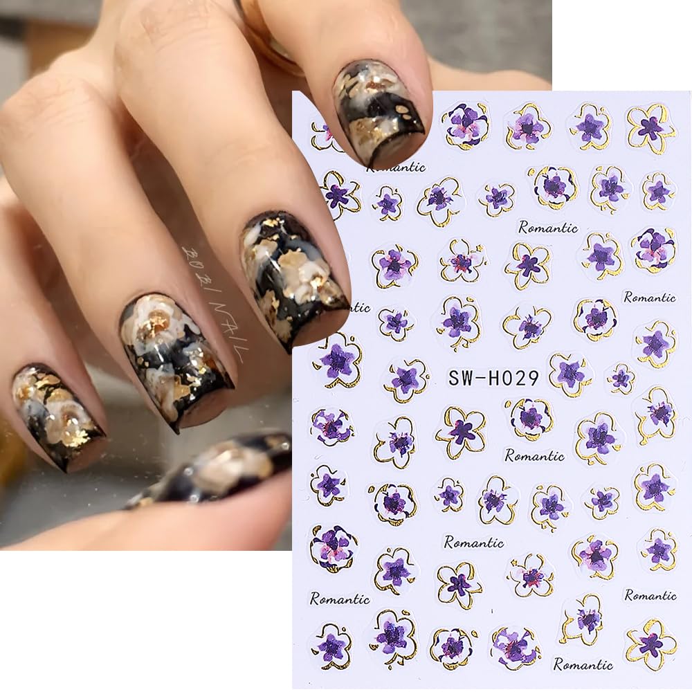Flower Nail Art Stickers Decals 3D Pink Flower Nail Stickers Self-Adhesive Summer Nail Art Decorations Supplies 6PCS Bronzing Gold Edge Pink Purple Floral Petal Nail Decals Manicure Sliders for Women