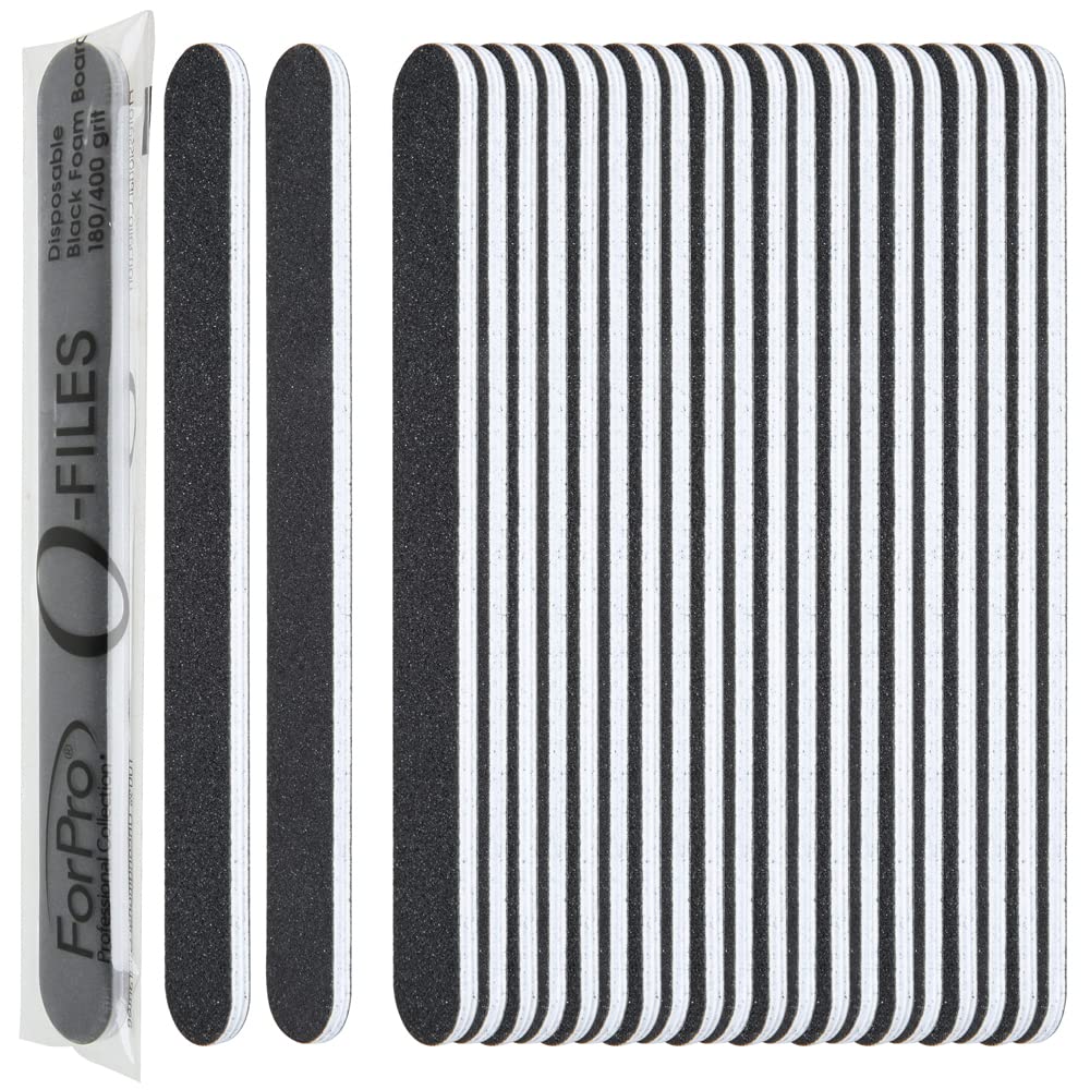 ForPro Professional Collection O-Files Foam Board, Double-Sided Manicure Nail File, 100/180 Grit, Individually-Wrapped, 6” L x .75” W, Black, 100-Count