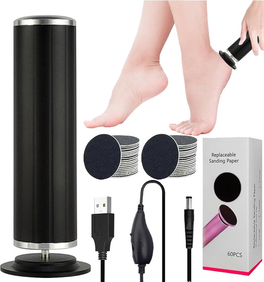 Electric Callus Remover for Feet, USB Power Supply Electric Foot File Sander Scrubber with Speed Controller 60Pcs Replacement Sandpaper Disk for Dead Skin, Cuticles Black