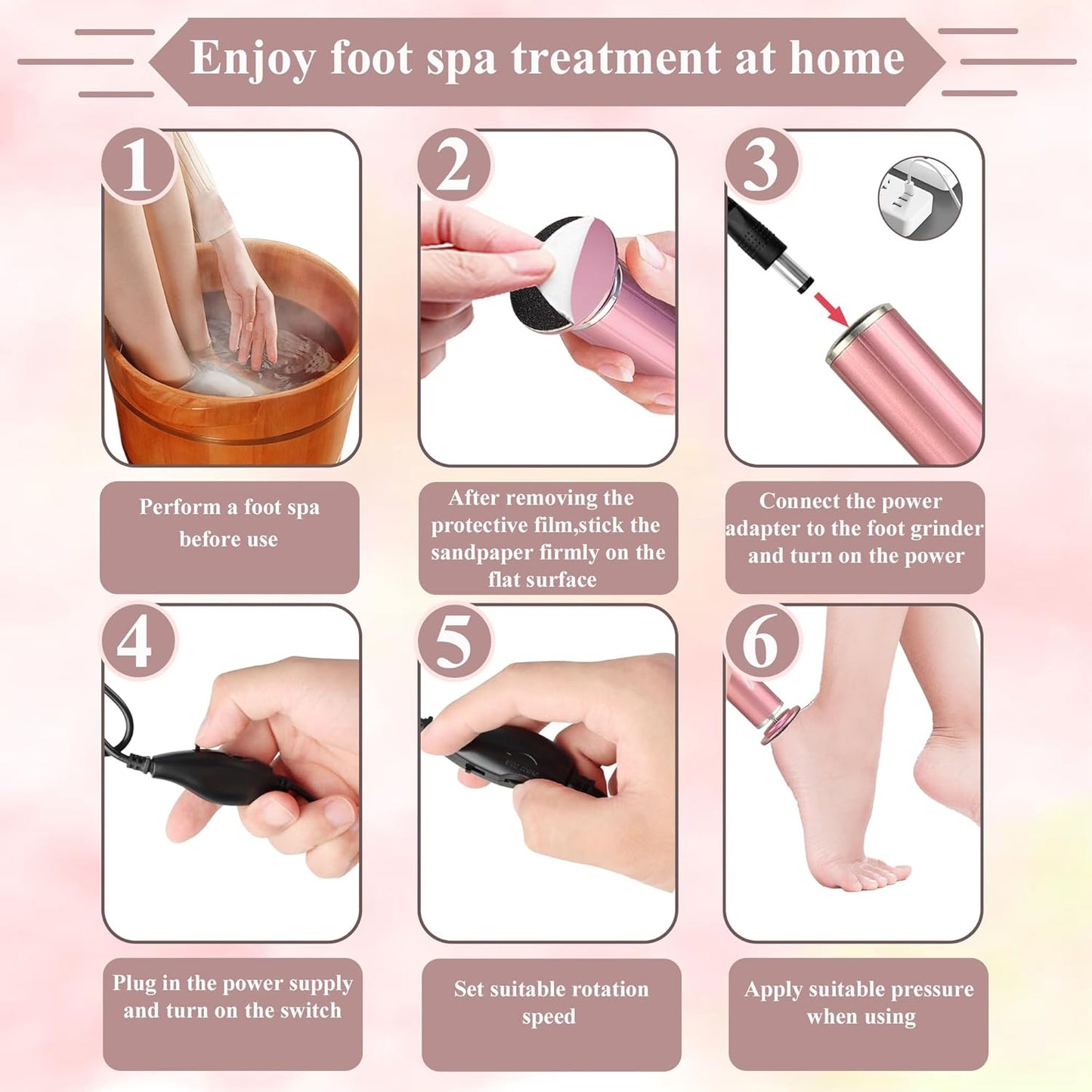 Electric Callus Remover for Feet, USB Power Supply Powerful Electric Foot File Sander Scrubber with Speed Controller & 60Pcs Replacement Sandpaper Disk for Dead Skin, Cuticles Pink